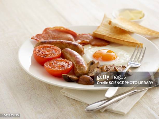 full english breakfast served on a plate - english breakfast stock-fotos und bilder