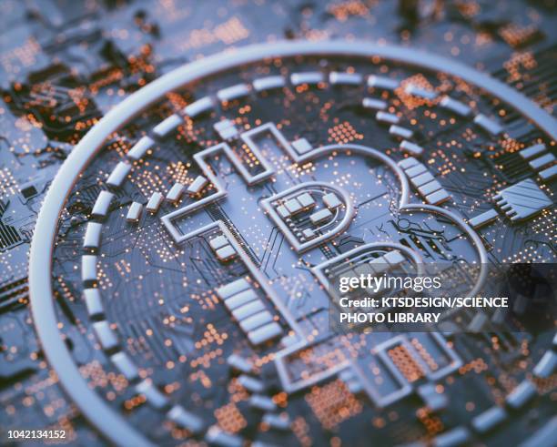 bitcoin logo on circuit board, illustration - blockchain stock-grafiken, -clipart, -cartoons und -symbole