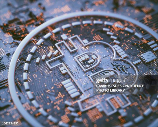 bitcoin logo on circuit board, illustration - blockchain crypto stock illustrations