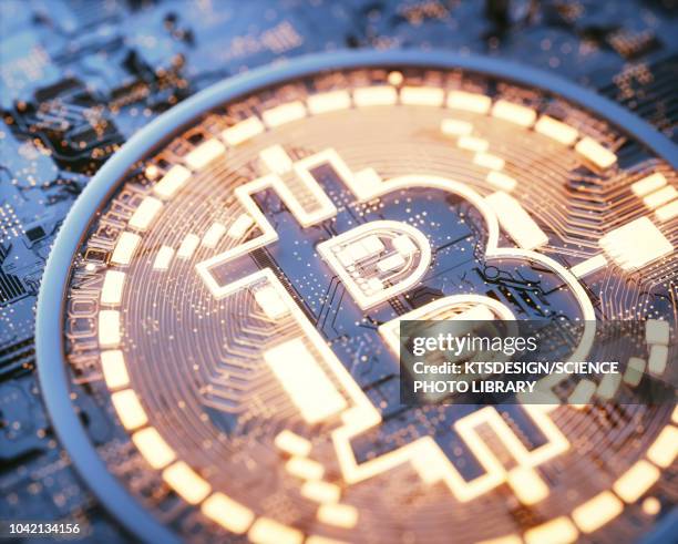 bitcoin logo on circuit board, illustration - bitcoin stock-grafiken, -clipart, -cartoons und -symbole