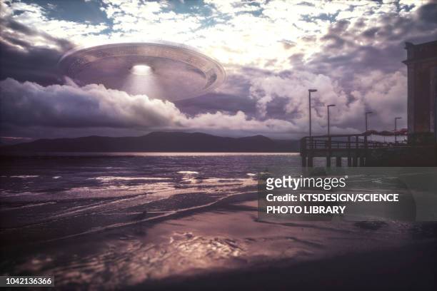 alien space ship through the clouds, illustration - ufo stock illustrations