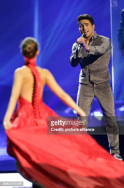 Singer Farid Mammadov representing Azerbaijan representing performing during the dress rehearsal of the Grand Final of the Eurovision Song Contest...