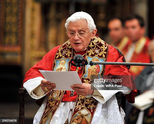 Pope Benedict XVI reads to the congregation, during a Celebration of Evening Prayer at Westminster Abbey, on September 17, 2010 in London, United...