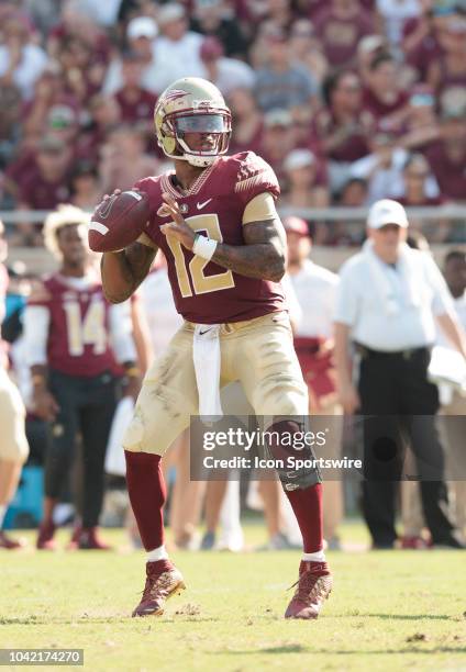 Florida State Seminoles quarterback Deondre Francois drops back to pass during the game between the Florida State Seminoles and the Northern Illinois...