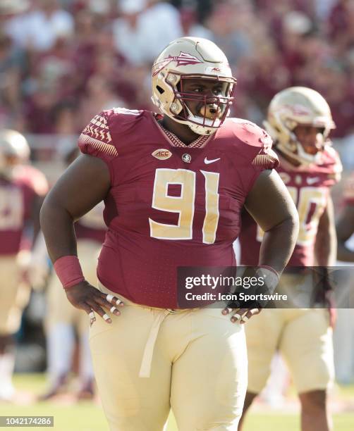 Florida State Seminoles defensive lineman Robert Cooper looks on during the game between the Florida State Seminoles and the Northern Illinois...