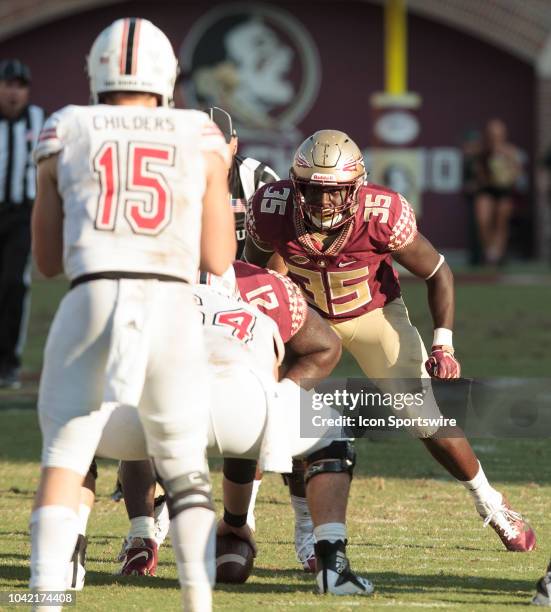 Florida State Seminoles linebacker Leonard Warner III lines up before the play during the game between the Florida State Seminoles and the Northern...