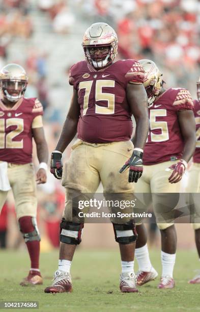 Florida State Seminoles offensive lineman Abdul Bello looks on during the game between the Florida State Seminoles and the Northern Illinois Huskies...