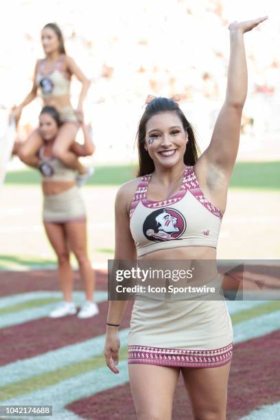 Florida State Seminoles cheerleader cheers during the game between the Florida State Seminoles and the Northern Illinois Huskies at Doak Campbell...