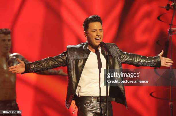 Singer Ryan Dolan representing Ireland performing during the dress rehearsal of the 1st Semi Final for the Eurovision Song Contest 2013 in Malmo,...