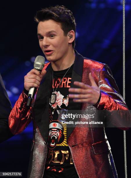 Singer Sandro Brehorst seen on stage during the first live show of the 14th season of the talent show 'Deutschland sucht den Superstar' by television...