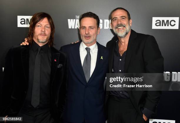 Norman Reedus,Andrew Lincoln, Jeffery Dean Morgan attend the Premiere of AMC's "The Walking Dead" Season 9 at DGA Theater on September 27, 2018 in...