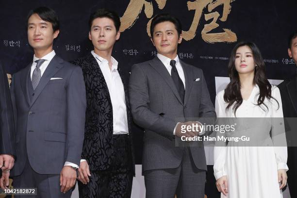 South Korean actors Cho Woo-Jin aka Jo Woo-Jin, Hyun Bin, Jang Dong-Gun and Lee Sun-Bin attend the 'Rampant' Press Conference on September 28, 2018...