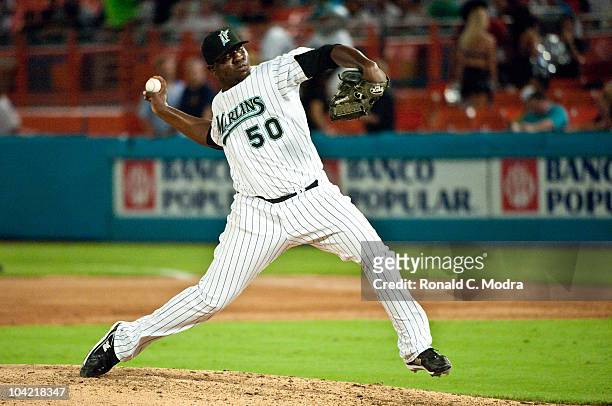 Jose Ceda of the Florida Marlins pitches during a MLB game against the Philadelphia Phillies at Sun Life Stadium on September 13, 2010 in Miami,...