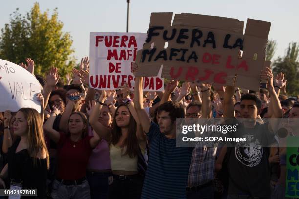 Students seen shouting against corruption within the university during a strike by students of the Rey Juan Carlos University. They were protesting...
