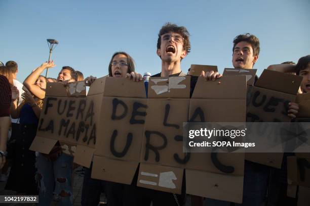 Students seen shouting against corruption with in the university with posters during a strike by students of the Rey Juan Carlos University. They...