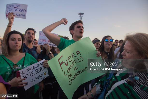 Students seen shouting against corruption with in the university with posters during a strike by students of the Rey Juan Carlos University. They...
