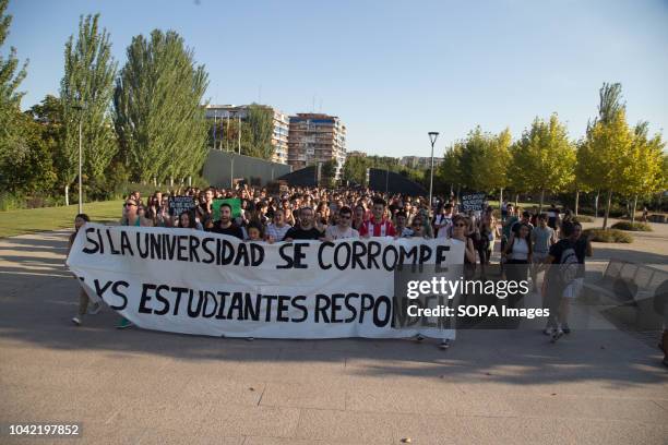 Students seen marching with a huge banner at the Móstoles campus of the Rey Juan Carlos University during a strike by students of the Rey Juan Carlos...