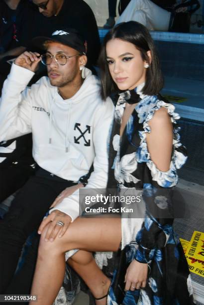 Footballer Neymar Jr and Bruna Marquezinee attend the Off White show as part of Paris Fashion Week Womenswear Spring/Summer 2019 on September 27,...