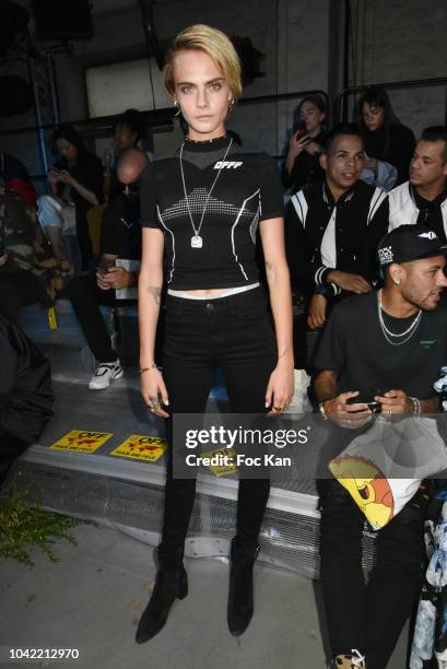 Actress Cara Delevingne attends the Off White show as part of Paris Fashion Week Womenswear Spring/Summer 2019 on September 27, 2018 in Paris, France.