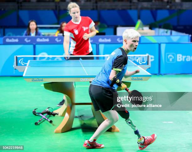 Stephanie Grebe of Germany reacts in table tennis Women's Singles - Class 6 Gold Medal Match against Sandra Paovic of Croatia during the Rio 2016...