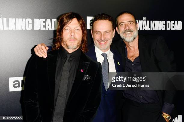 Norman Reedus, Andrew Lincoln and Jeffrey Dean Morgan arrive at the Premiere Of AMC's 'The Walking Dead' Season 9 at the DGA Theater on September 27,...