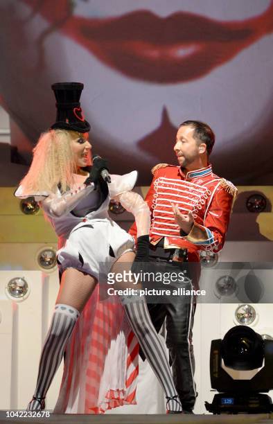 Swiss DJ Bobo stands on the stage with his wife Nancy Baumann during the dress rehearsal for his new tour "Circus" at Europa Park in Rust, Germany,...