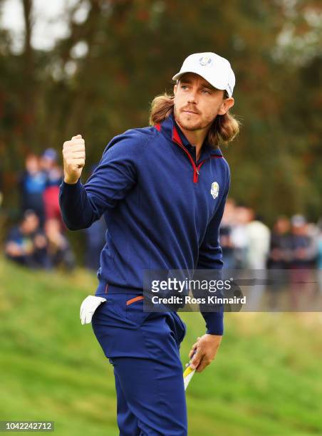 Tommy Fleetwood of Europe celebrates during the morning fourball matches of the 2018 Ryder Cup at Le Golf National on September 28, 2018 in Paris,...