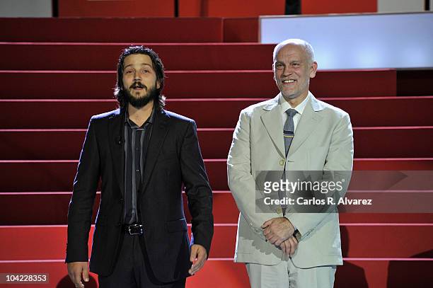 Actors Diego Luna and John Malkovich attend the 58th San Sebastian International Film Festival Opening Ceremony at the Kursaal Palace on September...