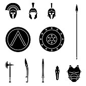 Set of ancient greek spartan weapon and protective equipment. Spear, sword, xyphos, shield, axe, helmet, leggins.