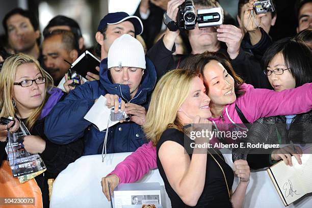 Actress Elisabeth Shue poses for a photo with fans as she attends "Janie Jones" Premiere during the 35th Toronto International Film Festivalat Roy...