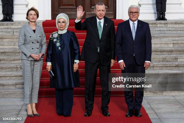 German President Frank-Walter Steinmeier, First Lady Elke Buedenbender, Turkish President Recep Tayyip Erdogan and First Lady Ermine Erdogan pose for...