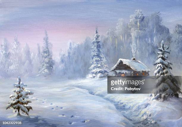 illustrazioni stock, clip art, cartoni animati e icone di tendenza di paesaggio invernale, pittura ad olio - dipinto