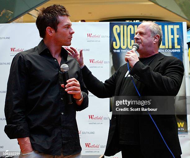 Retired AFL Player Ben Cousins and Michael Gudinski speak on stage as Cousins promotes his new DVD "Such Is Life - The Troubled Times Of Ben Cousins"...