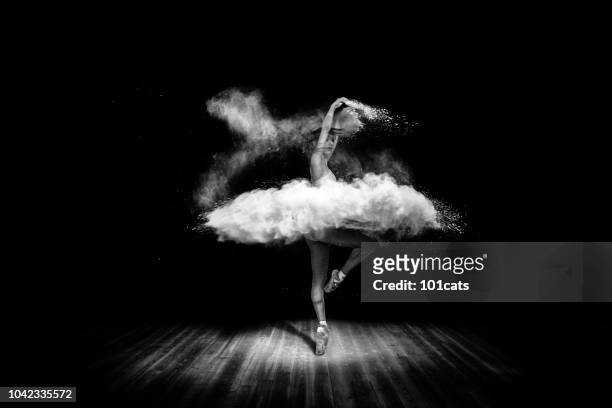 tutu de polvo. hermoso bailarín, bailando con el polvo en el escenario - monochrome fotografías e imágenes de stock