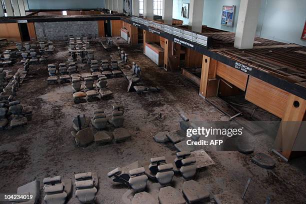 Bird droppings cover seats in the departure lounge inside the old Nicosia airport terminal building, now located within the UN-controlled buffer zone...