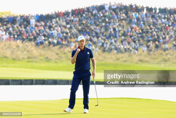 Justin Rose of Europe celebrates on the 15th during the morning fourball matches of the 2018 Ryder Cup at Le Golf National on September 28, 2018 in...