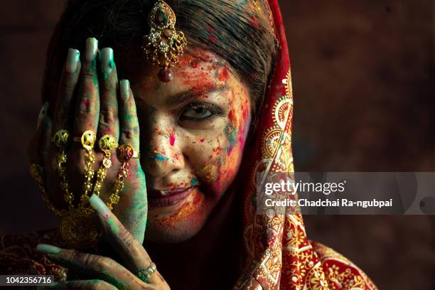 india people holi celebration culture. indian woman color traditional festival tradition.hinduism religion colorful india saree dress.india holi concept. - woman holi stock pictures, royalty-free photos & images