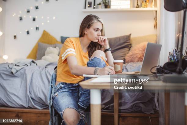 working on homework - college dorm stock pictures, royalty-free photos & images