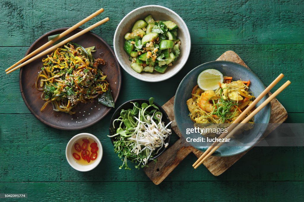Bowls with Japanese food