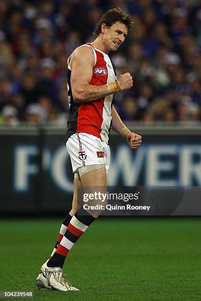 Justin Koschitzke of the Saints celebrates kicking a goal during the Seecond AFL Preliminary Final match between the St Kilda Saints and the Western...