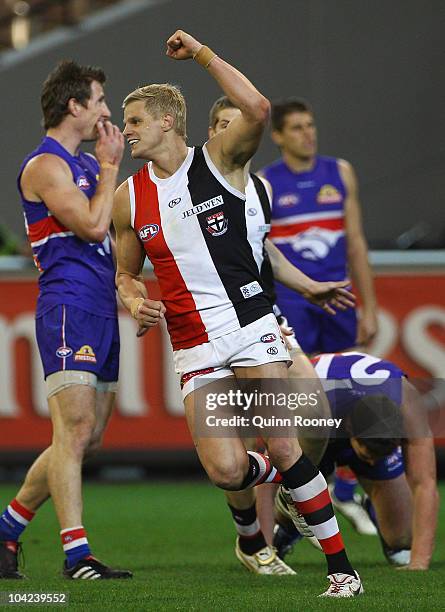 Nick Riewoldt of the Saints celebrates kicking a goal during the Seecond AFL Preliminary Final match between the St Kilda Saints and the Western...