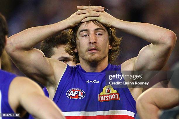 Dylan Addison of the Bulldogs looks dejected after losing the Seecond AFL Preliminary Final match between the St Kilda Saints and the Western...