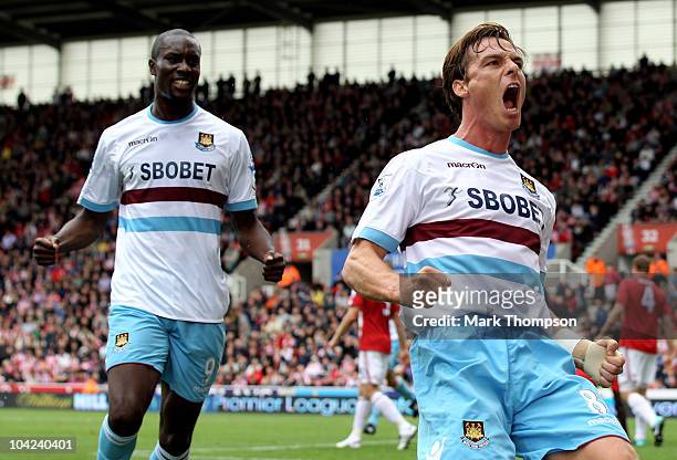 Scott Parker of West Ham celebrates his goal during the Barclays Premier League match between Stoke City and West Ham United at the Britannia Stadium...