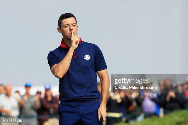 Rory McIlroy of Europe reacts during the afternoon foursome matches of the 2018 Ryder Cup at Le Golf National on September 28, 2018 in Paris, France.