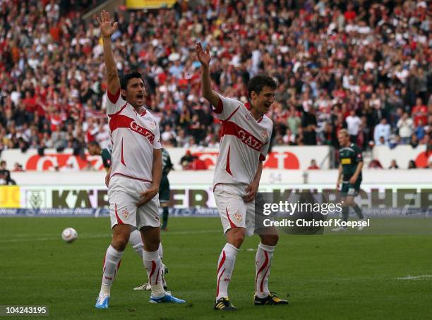 Ciprian Marica of Stuttgart celebrates the seventh goal with Zdravko Kuzmanovic of Stuttgart during the Bundesliga match between VfB Stuttgart and...