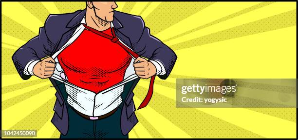 vektor-retro-superhelden-transformation-banner - superhero cartoon stock-grafiken, -clipart, -cartoons und -symbole