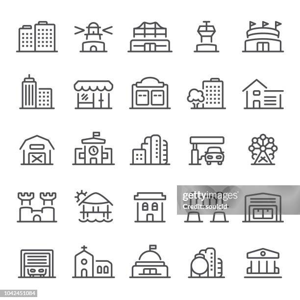 ilustraciones, imágenes clip art, dibujos animados e iconos de stock de iconos de edificio - arquitectura exterior