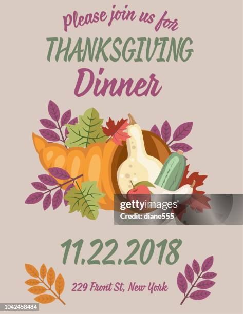 thanksgiving dinner invitation with cute autumn elements - cornucopia background stock illustrations