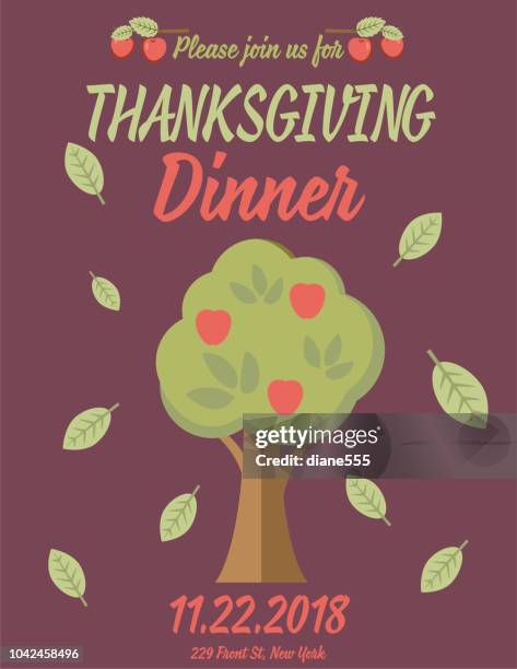 thanksgiving dinner invitation with cute autumn elements - apple tree background stock illustrations