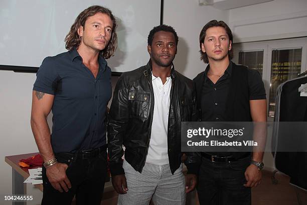 Manuele Malenotti, Simplicio Fabio Henrique and Michele Malenotti attend the Belstaff Official Meeting with AS Roma football team at the AS Roma...